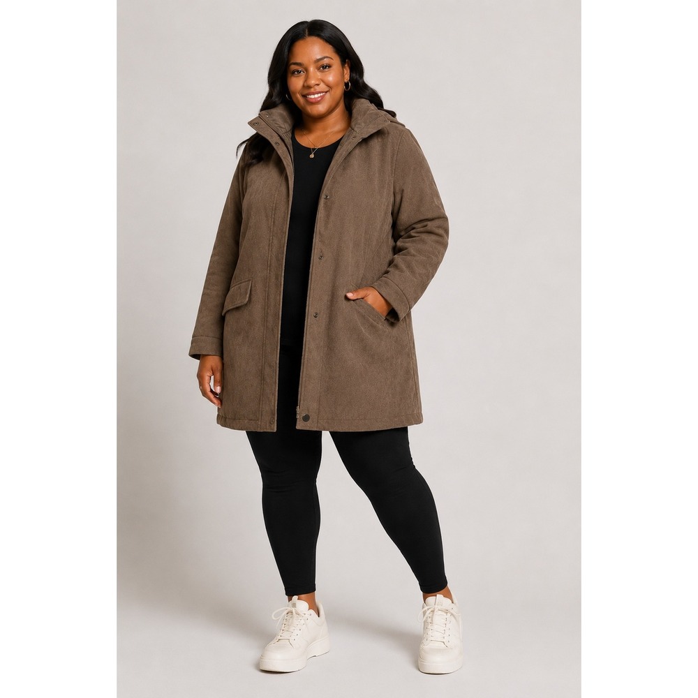 Worthington Women Brown Faux Suede Down Feather Filled Parka Coat Oversized Med